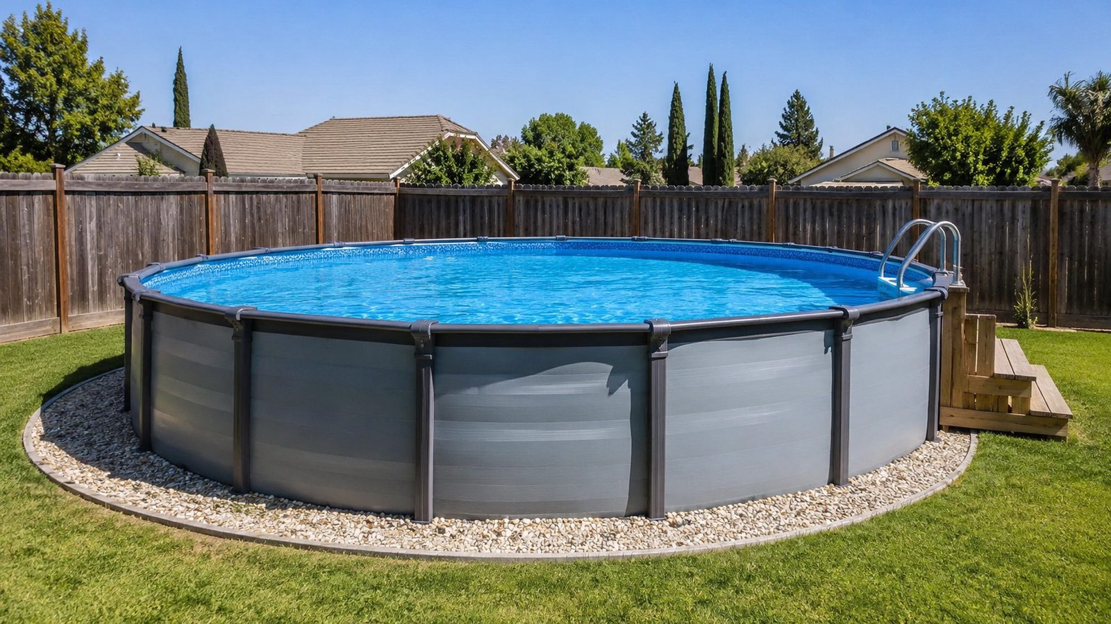 Above ground pool installed level on a gravel base in a Visalia, California backyard