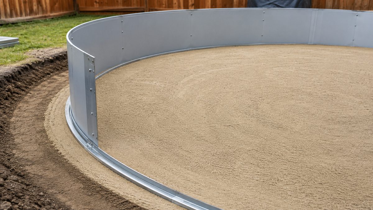 Steel wall of an above ground pool being assembled on a leveled sand base