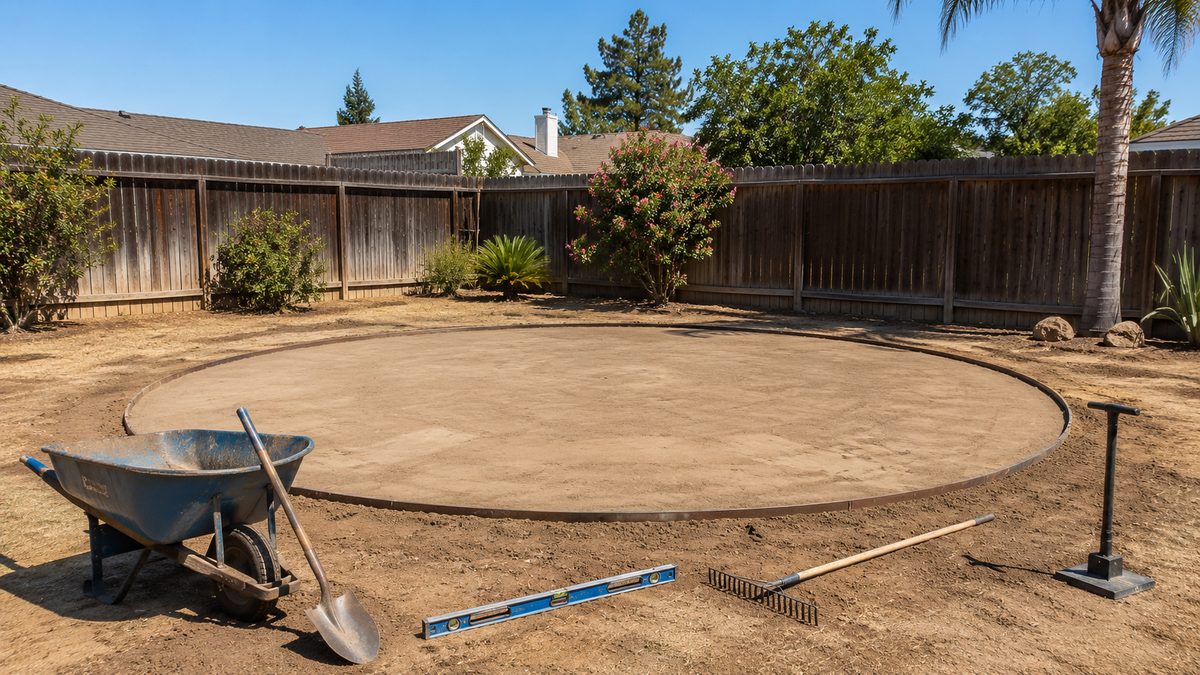A leveled circular pad marked out for an above ground pool with a level, rake, and tamper in a Central Valley backyard